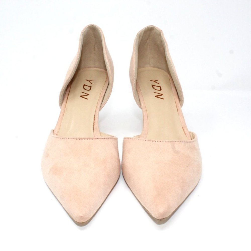 YDN Womens Sz 9.5M Nude Beige Suede Pumps Pointed Toe Heels Luxury Dress Shoes - Picture 3 of 10